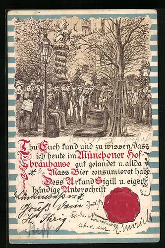 Präge-Lithographie Gäste am Münchner Hofbräuhaus, Urkunde mit Siegel