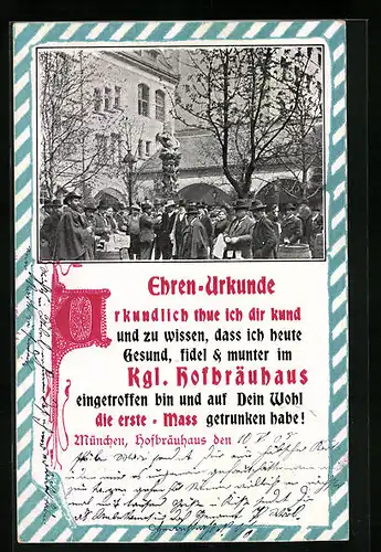 AK Ehren-Urkunde, Münchner Hofbräuhaus mit Gästen