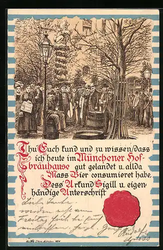 Präge-Lithographie Münchner Hofbräuhaus, Gäste mit Bierkrügen, Urkunde und Siegel