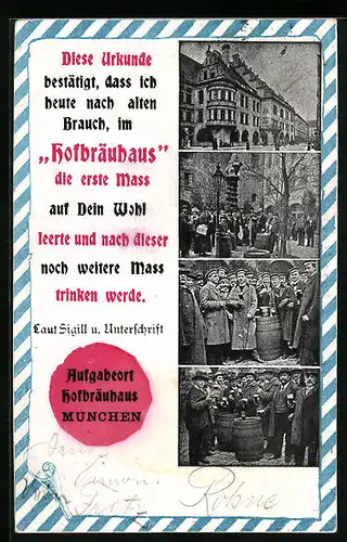 AK Münchner Hofbräuhaus, Urkunde mit Siegel, Gäste mit Bierkrügen