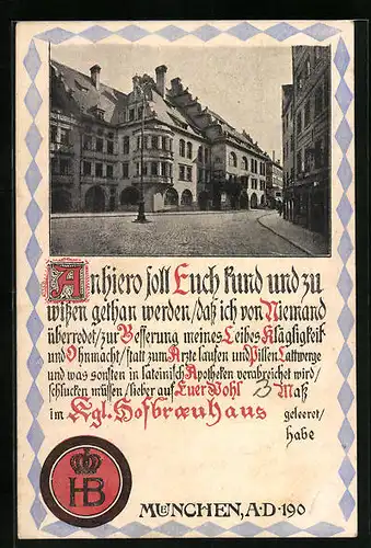 Präge-AK Münchner Hofbräuhaus, Urkunde mit Siegel, 3 Mass Bier