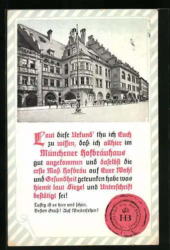AK Münchner Hofbräuhaus mit Kutschen, Urkunde mit Siegel