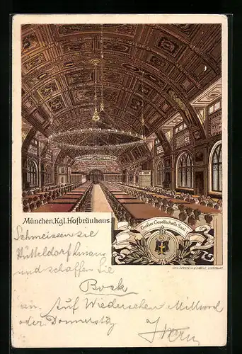 Lithographie Münchner Hofbräuhaus, Grosser Gesellschafts Saal