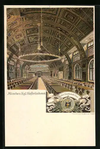 Lithographie Münchner Hofbräuhaus, Grosser Gesellschafts Saal