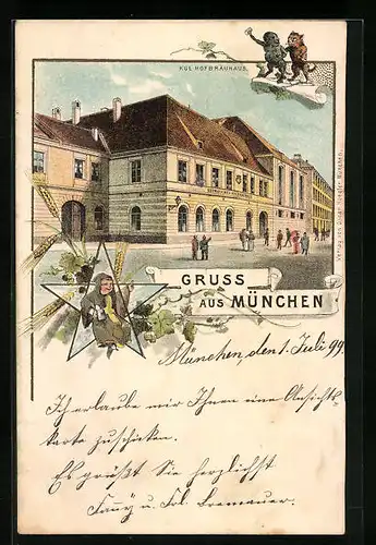 Lithographie Münchner Hofbräuhaus mit Münchner Kindl