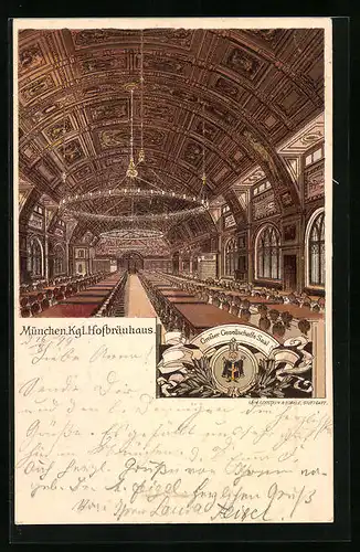 Lithographie Münchner Hofbräuhaus, Grosser Gesellschafts Saal