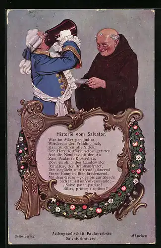 Künstler-AK Historie vom Salvator, Brauerei-Werbung Paulanerbräu