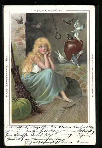 Lithographie Aschenputtel mit Tauben und Besen