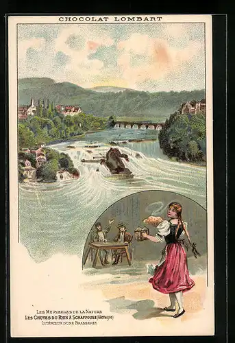 Künstler-AK Schaffhausen, Rheinfall, Reklame für Chocolat Lombart