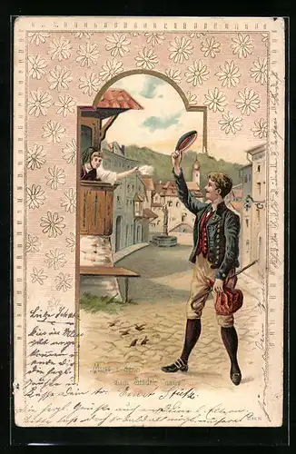 Präge-AK Junger Mann geht auf Wanderschaft