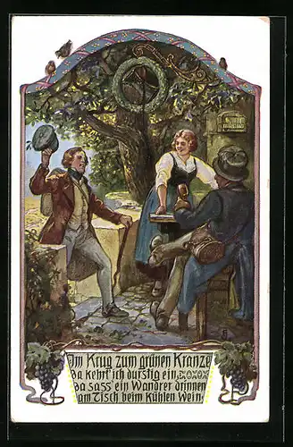 Künstler-AK Wanderer im Gasthof Krug zum grünen Kranze