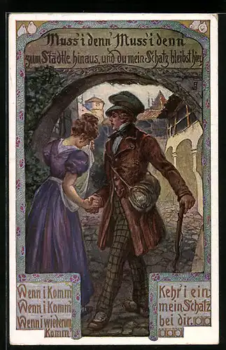 Künstler-AK Muss i denn zum Städtle hinaus, Wanderer beim Abschied