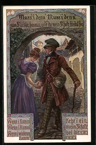 Künstler-AK Muss i denn zum Städtle hinaus, Wanderer beim Abschied vom Schatz