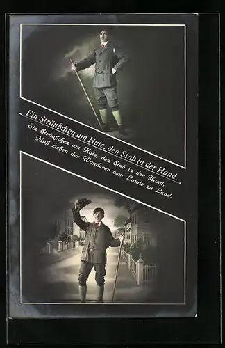 AK Wanderer mit Sträusschen am Hute und Stab in der Hand