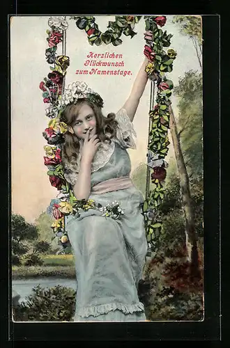 AK Mädchen auf Schaukel gratuliert zum Namenstag