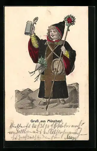 Präge-AK Münchner Kindl in goldener Kutte mit Bierkrug