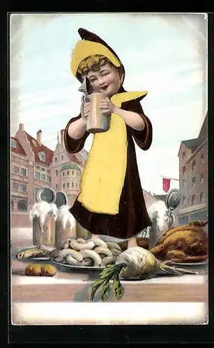 Präge-AK Münchner Kindl mit Bierkrug und Weisswürsten