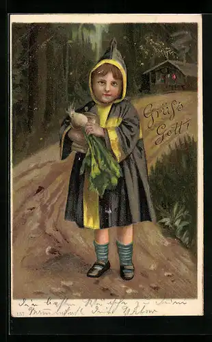 Präge-AK Münchner Kindl mit Rettich, Grüss Gott