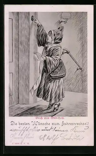 Künstler-AK Münchner Kindl liefert Post aus, Wünsche zum Jahreswechsel