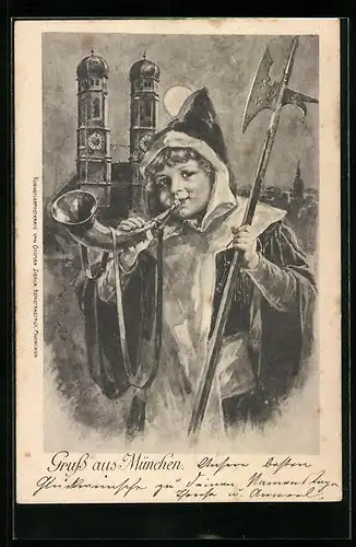 Künstler-AK Münchner Kindl bläst das Horn vor der Frauenkirche