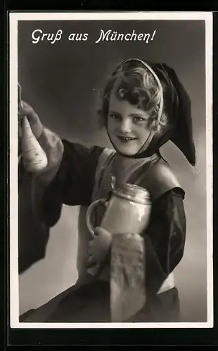 AK Münchner Kindl mit Rettich und Bierkrug