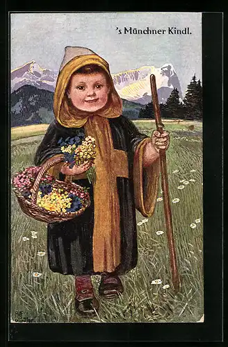 Künstler-AK Münchner Kindl mit Blumenkorb in einer Berglandschaft