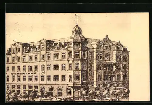 Künstler-AK Eisenach, Hotel Der Rautenkranz in der Strassenansicht