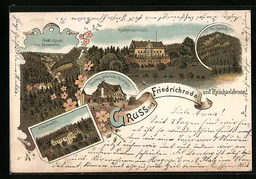 Lithographie Friedrichroda, Gothaisches Gasthaus Inselberg, Reinhardsbrunn, Klostermühle