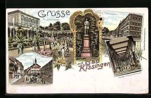 Lithographie Bad Kissingen, Konversationssaal, Marktplatz, Bismarckdenkmal und Kurhausstrasse