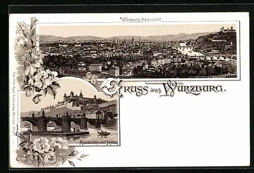 Lithographie Würzburg, Totalansicht, Mainbrücke und Festung