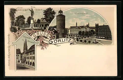 Lithographie Görlitz, Prinz Friedrich Karl Denkmal, Marienplatz, Untermarkt mit Peterskirche