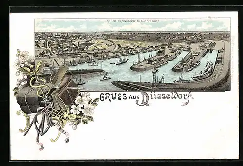 Lithographie Düsseldorf, Totalansicht des neuen Rheinhafens