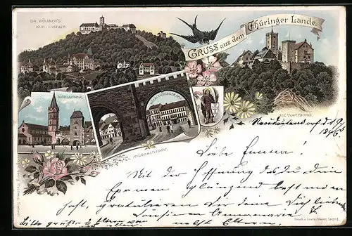 Lithographie Eisenach, Dr. Köllner`s Kuranstalt, Wartburg, Nicolaitor mit Hotel Thüringer Hof