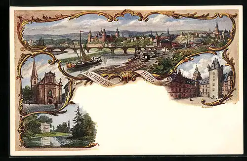 Lithographie Aschaffenburg, Totalansicht, Kirche und Marktplatz