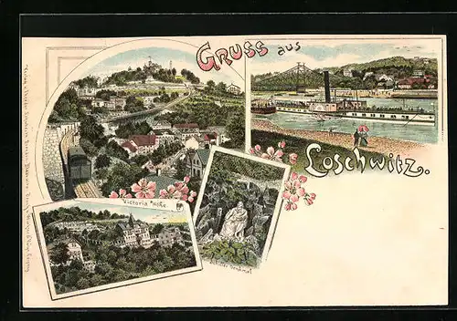 Lithographie Dresden-Loschwitz, Victoria Höhe, Schillerdenkmal, Elbpartie mit Dampfer