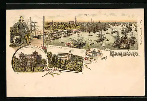 Lithographie Hamburg-St.Pauli, Hafenansicht, Seewarte und Seemannshaus