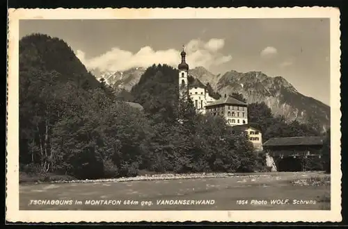 AK Tschagguns i. Montafon, Ortsansicht geg. Vandanserwand