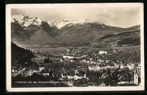 AK Feldkirch, Ortsansicht mit den Schweizerbergen
