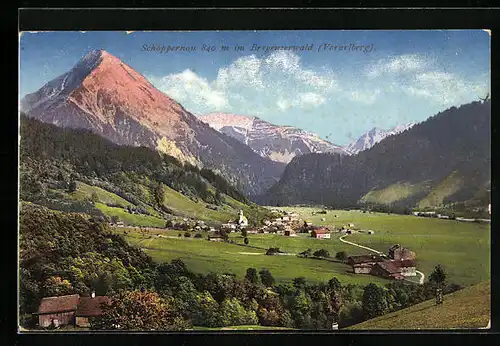 AK Schoppernau, Ortsansicht mit Bergpanorama
