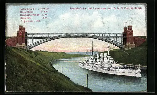 AK Kriegsschiff SMS Deutschland auf dem Kaiser Wilhelm-Kanal die Levensauer Hochbrücke passierend