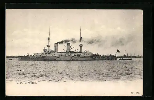 AK Kriegsschiff SMS Wettin den Hafen verlassend