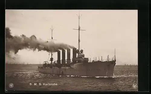 AK Kriegsschiff SMS Karlsruhe Volldampf gebend