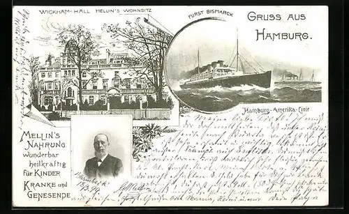 Lithographie Passagierschiff Fürst Bismarck der H.-A.-Linie, Reklame für Mellin`s Nahrung
