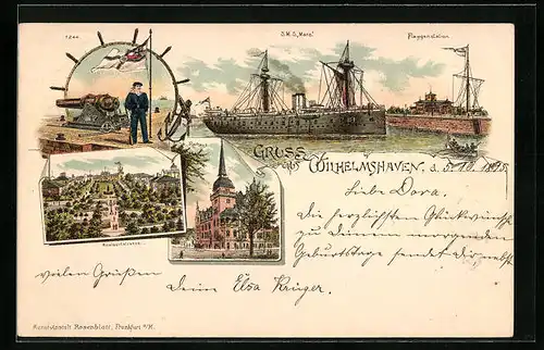 Vorläufer-Lithographie Wilhelmshaven, 1895, Kriegsschiff SMS Mars an der Flaggenstation, Adalbertstrasse