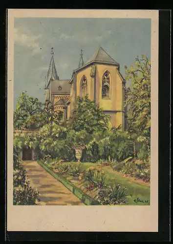 Künstler-AK Quedlinburg, Blick in den Schlossgarten