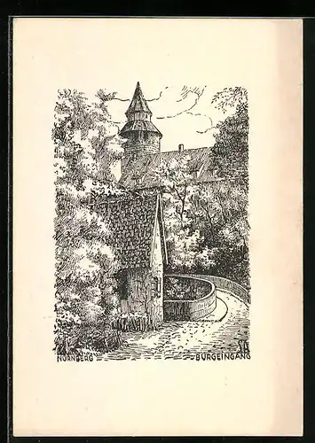 Künstler-AK Nürnberg, Federzeichnung des Burgeingangs
