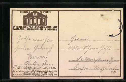 AK Leipzig, Intern. Baufachausstellung mit Sonderausstellungen 1913, Gebirgsrestaurant Oberbayern