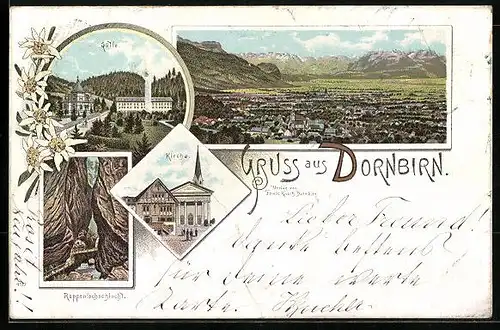 Lithographie Dornbirn, Gütle, Kirche, Rappenlochschlucht, Totalansicht