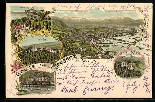 Lithographie Bregenz a. B., Gebhardsberg, Obere Stadt, Hotel Pfänder, K. K. Postgebäude, Gesamtansicht