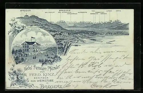 Vorläufer-Mondschein-Lithographie Bregenz a. B., 1895, Hotel Pfänder mit Alpenpanorama